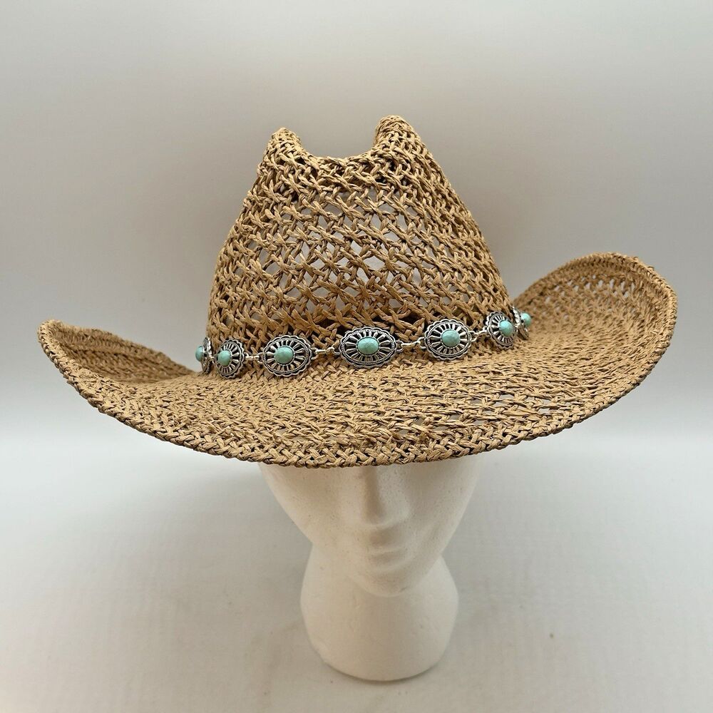 San Diego Hat Company Straw Cowboy Hat Turquoise Conchos Hat Band Wide Brim OSFM - Picture 5 of 10